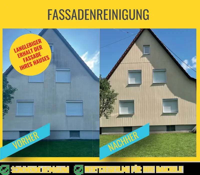 Hausgiebel vor und nach der Fassadenreinigung